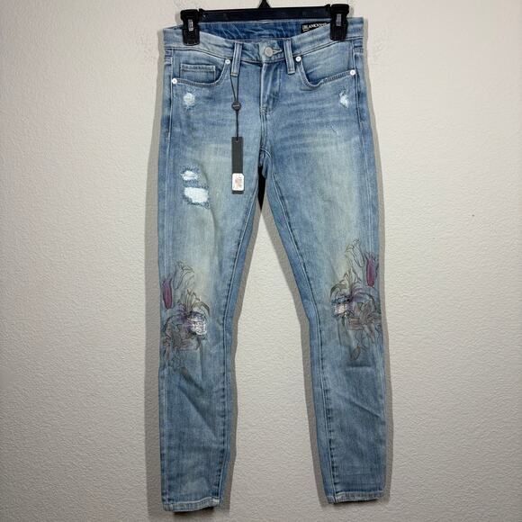 BlankNyc Womens Size 24 Distressed Flower Skinny Jeans Blue Washed Cotton Blend - Picture 2 of 11